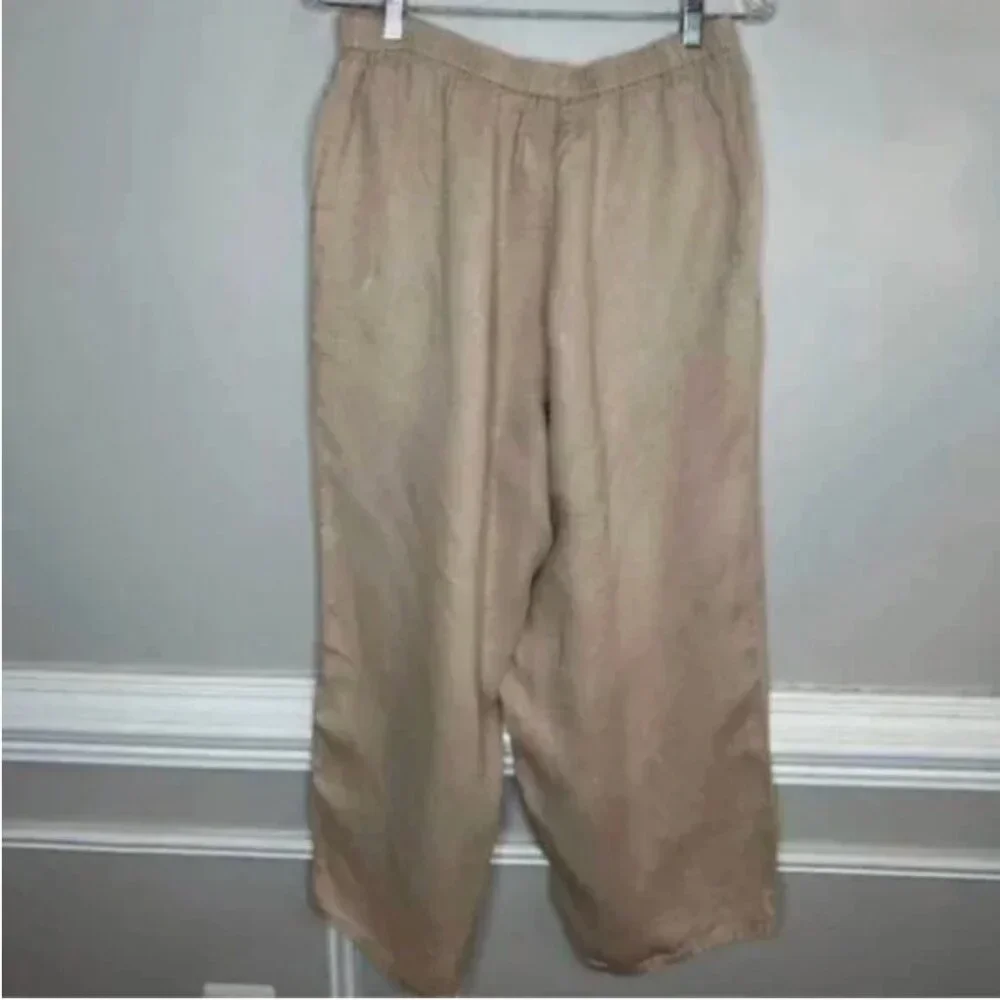 FLAX Women's Oatmeal Linen Pant Lagenlook Coastal Minimalist Pull On Cropped Med